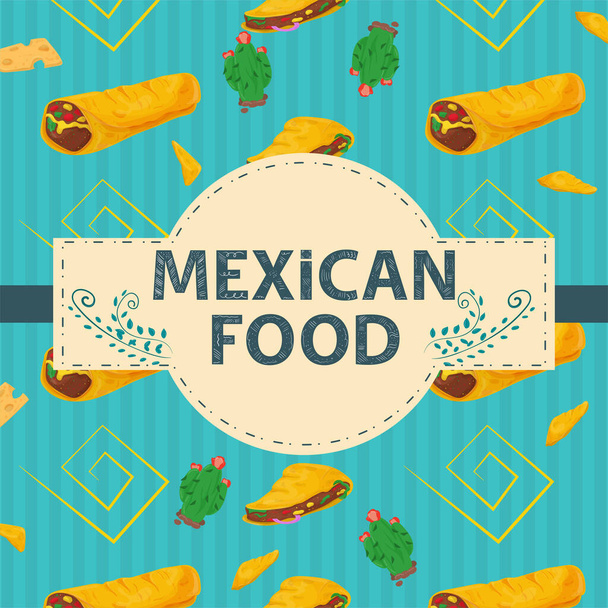 Banner cuadrado etiqueta plana sobre el tema de la comida mexicana, un nombre de inscripción grande, en el centro del fondo están dispuestas verticalmente tortillas cheetos y burritos - Vector, imagen