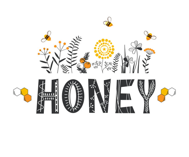 Lettrage au miel entouré d'abeilles et de fleurs de gribouillage. Fond stylisé vectoriel sur fond blanc, logo miel - Vecteur, image