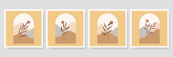 Set van vier Abstract Esthetisch midden-eeuws modern landschap Hedendaagse boho poster cover template. Minimale en natuurlijke illustraties voor kunstdruk, ansichtkaart, behang, muurkunst - Vector, afbeelding