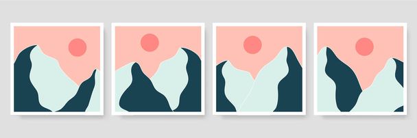 Conjunto de cuatro Abstractos Estético paisaje moderno de mediados de siglo Plantilla de cubierta de póster boho contemporáneo. Ilustraciones mínimas y naturales para impresión de arte, postal, papel pintado, arte mural - Vector, imagen