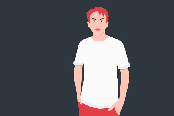 Egy fiatal, jóképű, vörös hajú férfi portréja, aki a zsebében tartja a kezét, sötét háttérrel. Vektorillusztráció - Vektor, kép