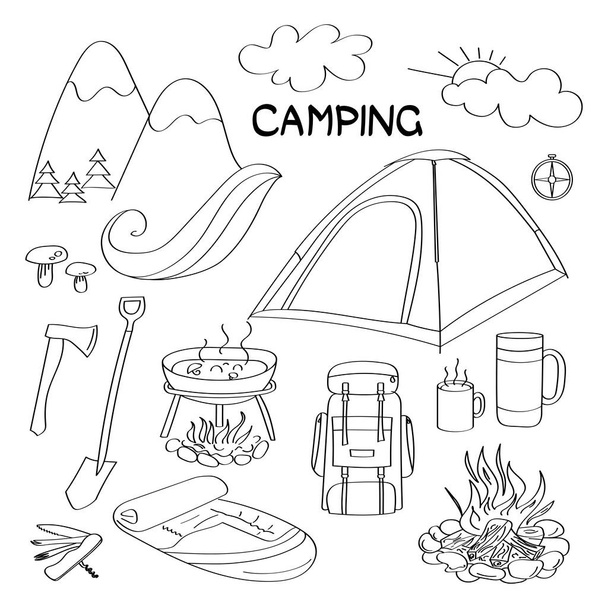 Um conjunto de elementos de design do acampamento doodle floresta. Os rabiscos desenhados à mão para caminhadas e acampamentos são perfeitos para folhetos e cartazes de acampamento de verão. - Foto, Imagem