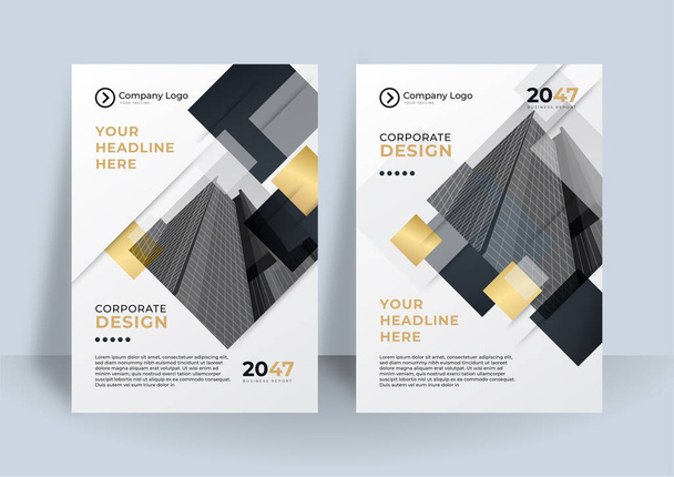 Brožura černé zlaté krycí design set pro podnikání a stavebnictví. Abstraktní geometrie s barevným korporátním vektorem ilustrace na pozadí. Dobrý pro výroční zprávu, průmyslový katalog design - Vektor, obrázek