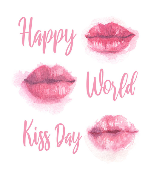 Akvarel ilustrace jemných růžových rtů, nápis Happy World Kiss Day. Pravá láska mě navždy políbí. Na pohlednici, dárek, banner, plakát, potisk na oblečení, látka. - Fotografie, Obrázek