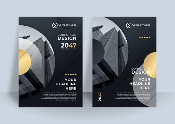 Brochure black gold cover design layout set for business and construction. Abstract geometry with colored corporate vector illustration on background. Good for annual report, industrial catalog design - Vector, Image