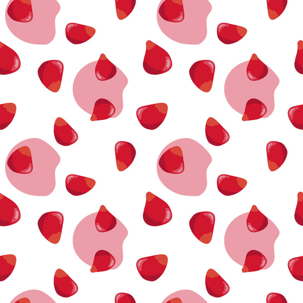 Pomegranate seeds seamless pattern. Colorfull red pomegranate seeds on the white background with red spots. - ベクター画像