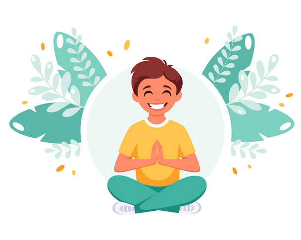 Malý chlapec medituje v lotosové póze. Gymnastika, meditace pro děti. Vektorová ilustrace - Vektor, obrázek