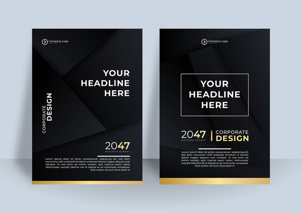 ビジネスや建設のために設定されたブラックゴールドカバーデザインレイアウトをパンフレット。背景に色法人向けベクトルイラストの抽象幾何学。年次報告書、産業カタログデザインのために良い - ベクター画像