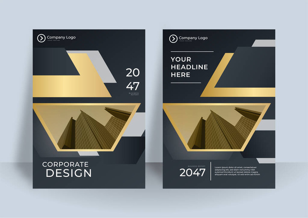 Brochure zwart goud cover ontwerp lay-out set voor het bedrijfsleven en de bouw. Abstract geometrie met gekleurde corporate vector illustratie op achtergrond. Goed voor jaarverslag, industrieel catalogusontwerp - Vector, afbeelding