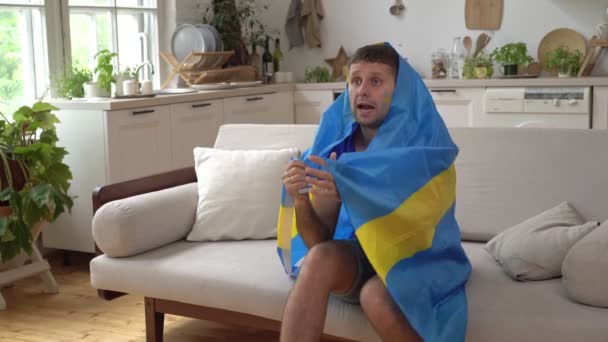 Un aficionado al fútbol masculino sueco apoya a la selección nacional con la bandera sueca - Imágenes, Vídeo