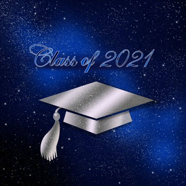 An abstract illustration of Congratulations Graduates, Class of 2021on a blue black starry background - Photo, Image