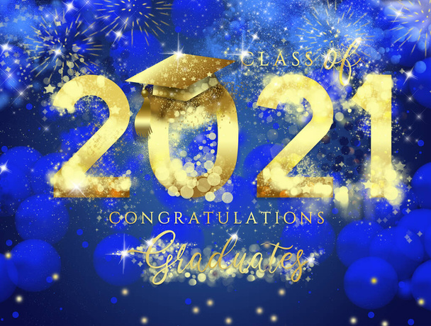 Uma ilustração abstrata de Parabéns Graduados, Classe de 2021on um fundo brilhante preto azul - Foto, Imagem