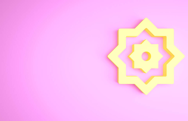 Yellow Islamic octagonal star ornament icon isolated on pink background. Minimalism concept. 3d illustration 3D render - Photo, Image