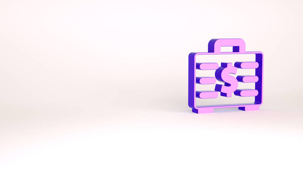 Фиолетовый портфель и иконка денег изолированы на белом фоне. Деловой знак. Бизнес портфолио Концепция минимализма. 3D-рендеринг - Фото, изображение
