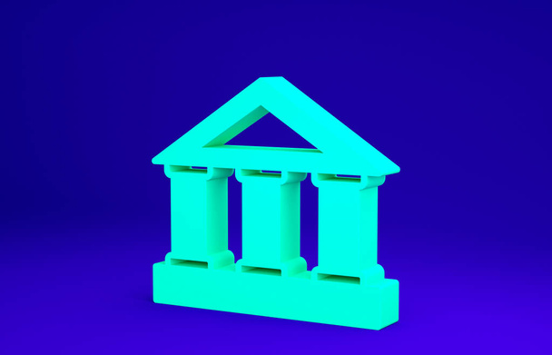緑の銀行の建物のアイコンは青の背景に隔離された。最小限の概念。3Dイラスト3Dレンダリング - 写真・画像