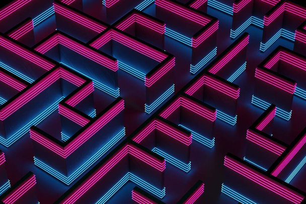 Modèle de labyrinthe coloré au néon en cyan et magenta. Vue surélevée. rendu 3D abstrait et numérique. - Photo, image