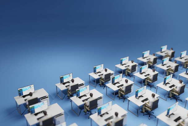 Trabalhadores de escritório sentados em suas mesas idênticas. Ambiente corporativo rígido e burocrático, conceito. Renderização digital 3D. - Foto, Imagem