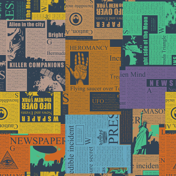 Colorful seamless pattern with a collage of magazine clippings. Abstract background with black unreadable text, illustrations and headlines. Suitable for Wallpaper design, wrapping paper, fabric - Vettoriali, immagini