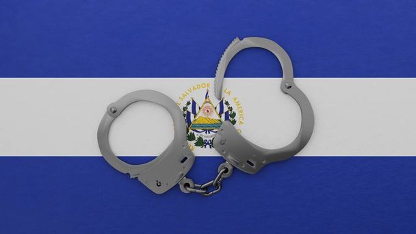 Félig nyitott acél bilincs középen és tetején a nemzeti zászló El Salvador - Fotó, kép