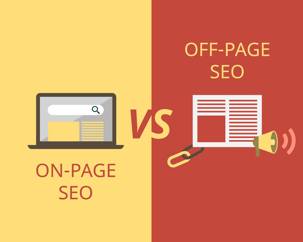 On-Page SEO im Vergleich zu Off-Page SEO, um bei der Suchmaschinenoptimierung zu helfen - Vektor, Bild