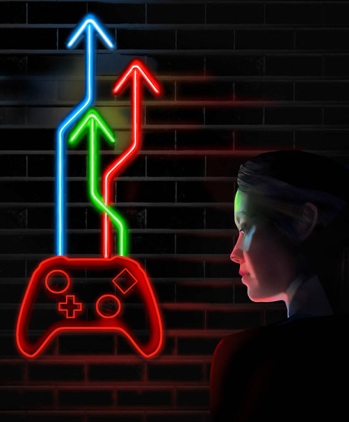 Un letrero de neón en una pared de ladrillo muestra un controlador de videojuegos con flechas de neón saliendo de la parte superior en esta ilustración 3-d sobre juegos. - Foto, imagen
