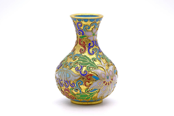 Antique Chinese Cloisonne enamel vase isolated on white background - Photo, Image