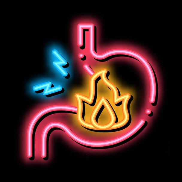 erős gyomorégés hasi fájdalom neon izzás ikon illusztráció - Vektor, kép