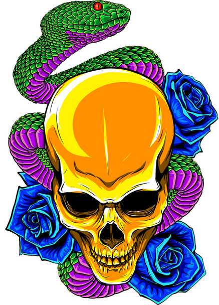 ilustracja wektorowa czaszki, róż i węża - Wektor, obraz