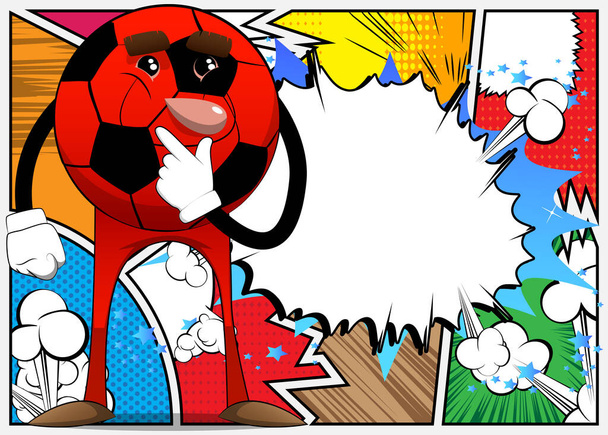 Pelota de fútbol sosteniendo el dedo delante de su boca. Pelota de fútbol tradicional como personaje de dibujos animados con cara. - Vector, Imagen