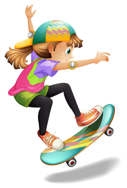 A lady with a colourful skateboard - Vector, Image