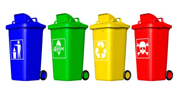 Papeleras de reciclaje rojas, amarillas, azules y verdes en la parte delantera con símbolos y fondo blanco, ilustraciones 3D. - Foto, imagen