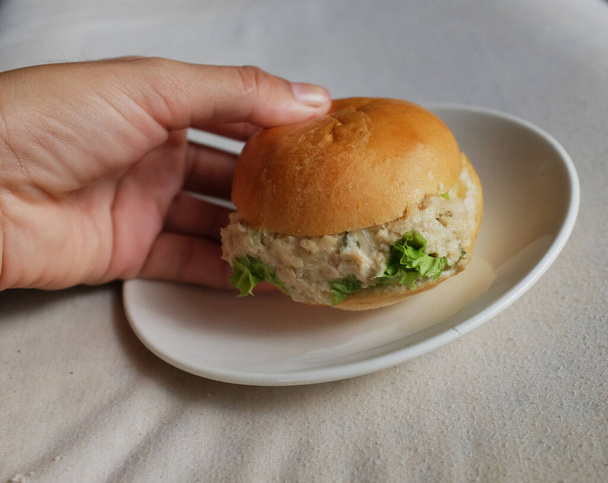 mano de mujer sosteniendo mini hamburguesa de atún con mayonesa en un plato blanco. Deliciosos desayunos. - Foto, Imagen