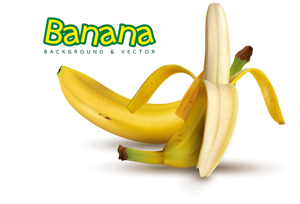 Набор трехмерных векторных реалистичных иллюстраций бананов. Банан, полуочищенный банан, куча бананов на белом фоне, банановая икона - Вектор,изображение