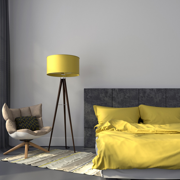 Gray bedroom and yellow decor - Photo, Image