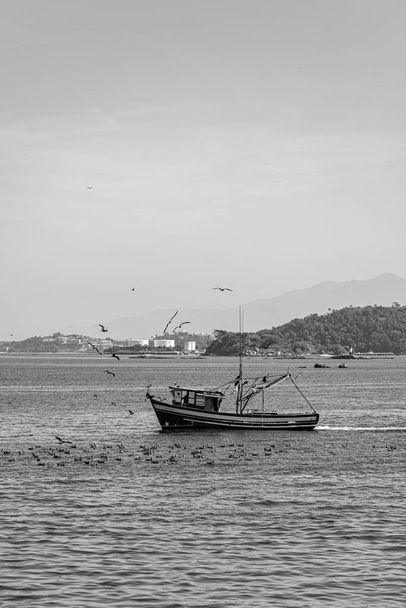 Αλιευτικό σκάφος που περιβάλλεται από θαλασσοπούλια στον κόλπο Guanabara, Ρίο ντε Τζανέιρο, Βραζιλία. Η ερασιτεχνική αλιεία ασκείται αυτόνομα, από παραδοσιακούς αλιείς ή υπό καθεστώς οικογενειακής οικονομίας..  - Φωτογραφία, εικόνα