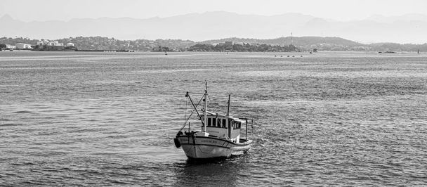 ブラジルのリオデジャネイロ州グアナバラ湾の海鳥に囲まれた漁船。伝統的な漁師や家族経済体制によって自律的に行われます.  - 写真・画像