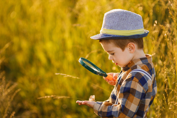 little boy exploring nature in the meadow with a magnifying glass - Foto, immagini
