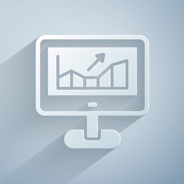 Paper cut Computer with stocks market growth graphs and money icon isolated on grey background. Monitor with stock charts arrow on screen. Paper art style. Vector - ベクター画像