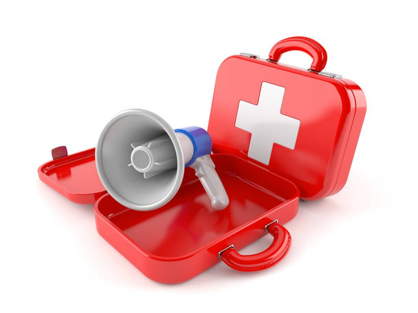 Megaphone inside first aid kit isolated on white background. 3d illustration - Photo, Image