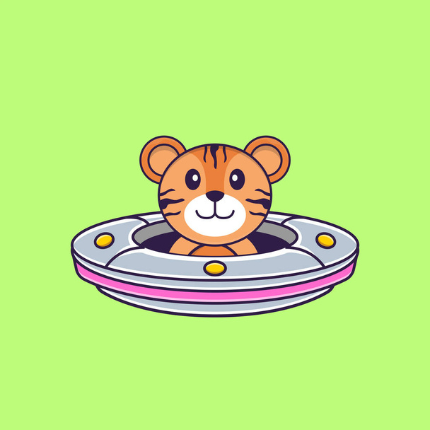 Lindo tigre conduciendo nave espacial Ufo. Animal concepto de dibujos animados aislado. Se puede utilizar para camiseta, tarjeta de felicitación, tarjeta de invitación o mascota. - Vector, imagen
