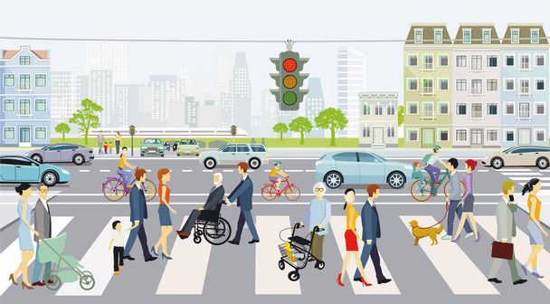 Zebra crossing with road traffic and traffic lights with pedestrians, illustration - Vector, Imagen