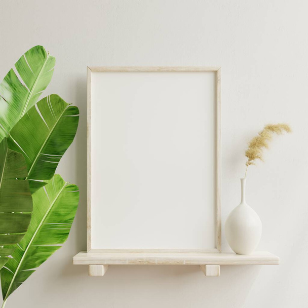 Mockup poster interno con cornice verticale in legno su sfondo interno domestico con vaso, rendering 3D - Foto, immagini