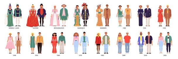 Набор костюмов для истории моды - Вектор,изображение