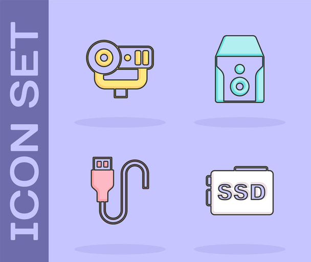 Set SSD card, Web camera, USB cable cord and Uninterruptible power supply icon. Vector - Vektori, kuva