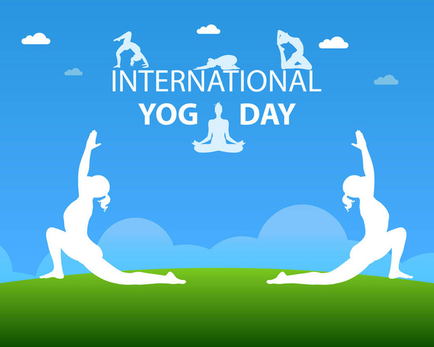 Διεθνής Ημέρα Γιόγκα Εικονογράφηση με Γυναικείες στάσεις σώματος Yoga Silhouette. Γυμναστήριο κορίτσι κάνει γιόγκα για τη φυσική κατάσταση και την ευεξία. Διάνυσμα γραφικών. - Διάνυσμα, εικόνα
