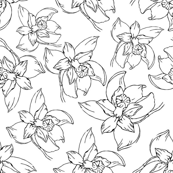 Narcissus on a white background. Seamless pattern on a solid background for dresses, wallpapers, fabrics for bedding, birthday cards. The tiles can be combined with each other.  - Zdjęcie, obraz
