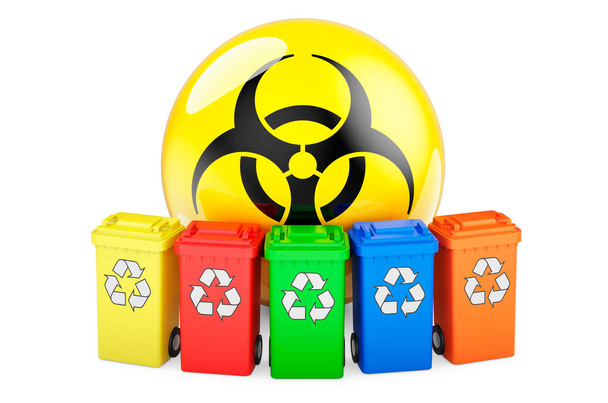 Цветные контейнеры для переработки с символом биологической опасности, 3D рендеринг изолирован на белом фоне - Фото, изображение