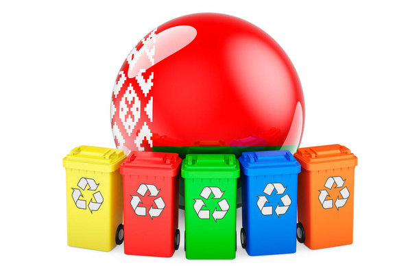 Reciclaje de residuos en Belarús. Papeleras de reciclaje de colores con bandera bielorrusa, representación 3D aislada sobre fondo blanco - Foto, imagen