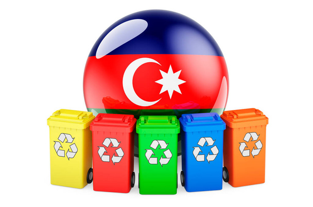 Переработка отходов в Азербайджане. Цветные контейнеры для переработки с азербайджанским флагом, 3D рендеринг изолирован на белом фоне - Фото, изображение