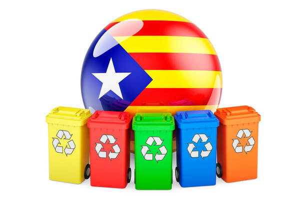 Переработка отходов в Каталонии. Цветные контейнеры для переработки с каталонским флагом, 3D рендеринг изолирован на белом фоне - Фото, изображение